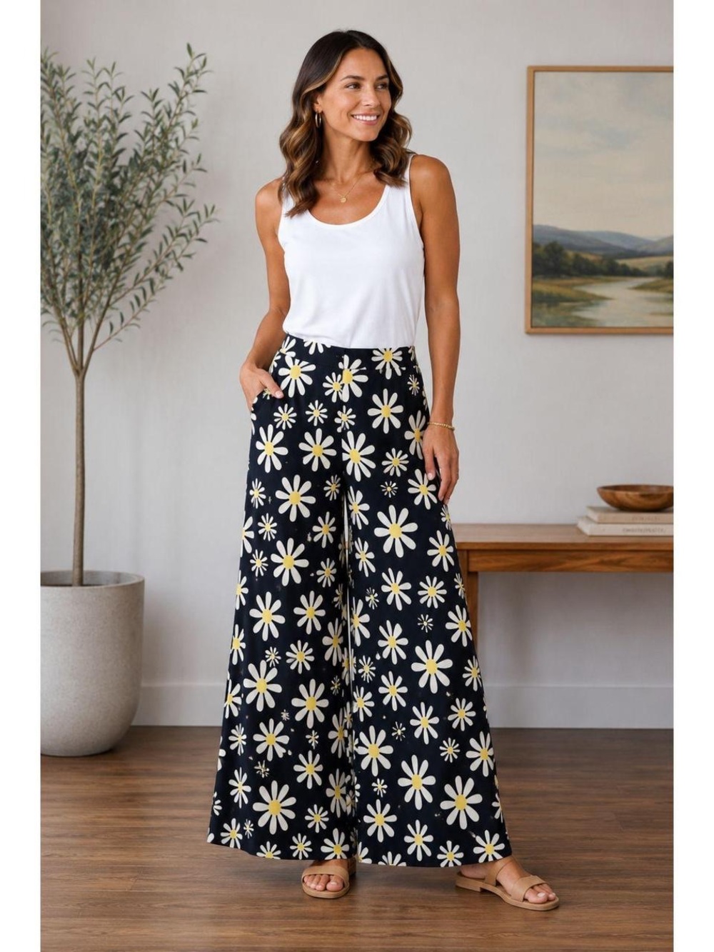 Cato Navy Wide Leg Pants White Yellow Daisy Print Palazzo Flowy Boho